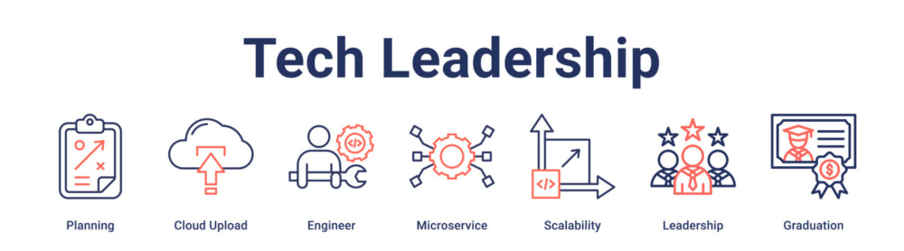 Tech Leadership banner web icon vector illustration concept for education with icon of Planning, Cloud Upload, Engineer, Microservice, Scalability, Leadership.