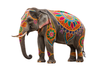 Decorated Indian elephant with colorful traditional painted patterns, isolated on a transparent background