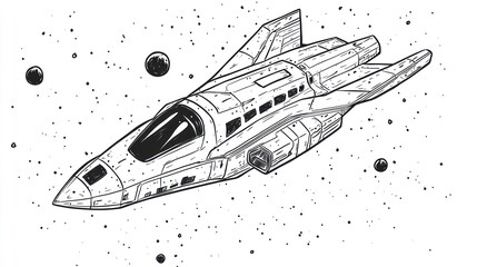 Illustration of a spaceship traversing the cosmos among stars and celestial bodies
