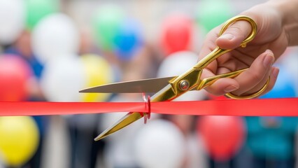 Grand Opening Ceremony Ribbon Cutting with Golden Scissors.
