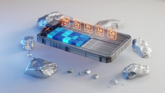 3D render: EV battery pack with glowing cells, surrounded by rare earth elements Nd, Dy, Pr, La, Ce, raw materials. Represents critical minerals, electric vehicle technology, sustainable energy