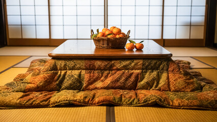 障子を背景にした畳の和室にあるこたつとカゴに盛られたみかんの日本の冬のイメージ