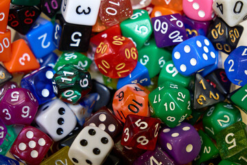 A close-up view of colorful dice for games