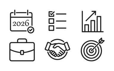 Business Planning and Success Icons 2026: Calendar, Handshake, and Target Line Art Vector