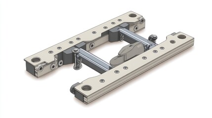 Isometric view of a mechanical device with multiple components on white background