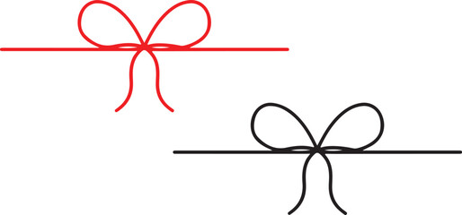 Red string bow ribbon rope tied up box present design vector. Gift bow for present icons set. Red bow gift ribbons minimal line set, vector drawing.