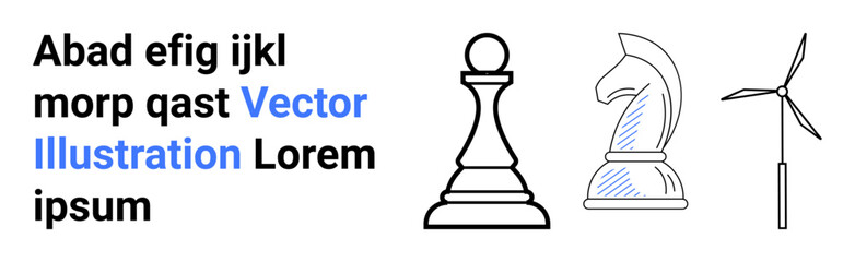 Strategy, renewable energy, decision making, sustainability, future planning, business growth. Minimalist art features chess pieces and wind turbine. Strategy and renewable energy