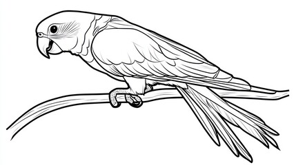 Line art illustration of a parrot perched on a branch for coloring