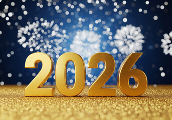 2026 New Year Celebration in Golden Typography with Sparkling Fireworks in Blue Night Sky for Party Invitation