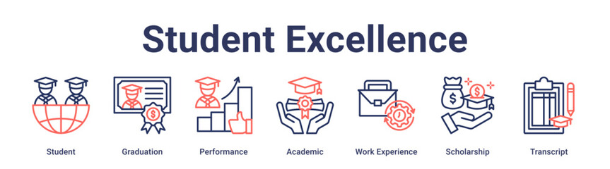 Obraz premium Student Excellence banner web icon vector illustration concept for education with icon of Student, Graduation, Performance, Academic, Work Experience, Scholarship.