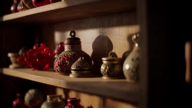 A cinematic macro shot of decorative items on a wooden shelf with soft lighting and drifting smoke