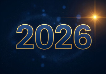 2026 New Year in futuristic digital font with golden glow and blue neon lighting on dark blue background for calendar cover