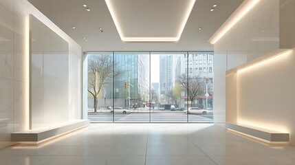 Fototapeta premium Clean Minimal Corporate Showroom with Blank Display Wall, Soft Ambient Light and Large Copy Area for Product Launches and Marketing Campaigns