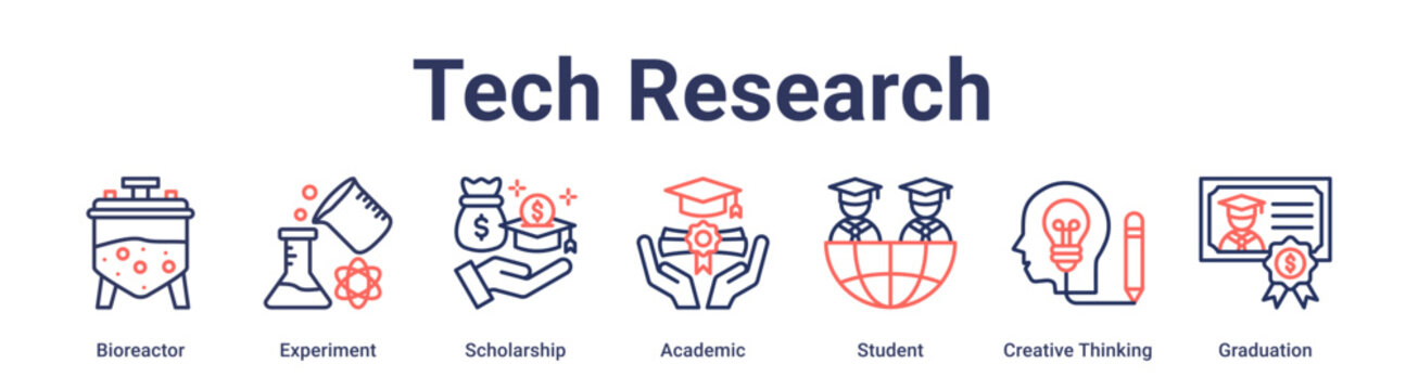 Tech Research banner web icon vector illustration concept for education with icon of Bioreactor, Experiment, Scholarship, Academic, Student, Creative Thinking.