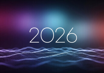 New Year 2026 in futuristic digital landscape with neon blue glow and wavy mesh grid for calendar or greeting card design