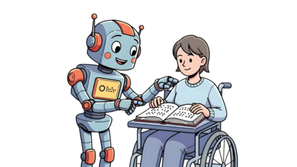 Robot assisting a student in a wheelchair with reading and learning