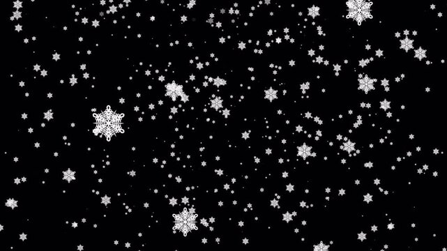Falling Snowflakes on Black Background for Winter and Christmas Overlay.