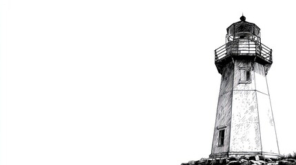 Monochrome lighthouse illustration on white background with copy space
