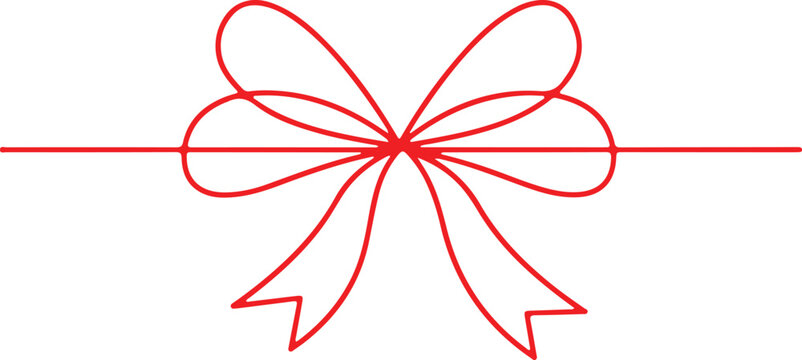 Doodle gift bow. Simple doodle red bows with string and knot for present. Black bow with tied rope and ribbon knot. Simple line design of string and thread for gift wrapping or marine cord.