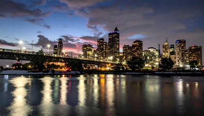 Naklejka premium Cityscape at Night - A Stunning View of Urban Lights and Reflections.