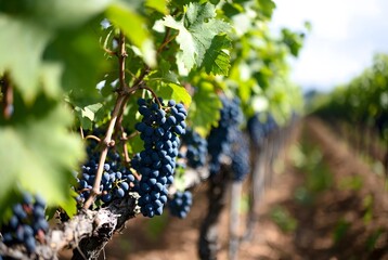Clusters of ripe purple grapes hanging from trellised vines with sunlit green leaves &mdash; vibrant and abundant.