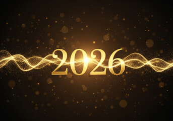 New Year 2026 Celebration in Luxurious Golden Typography with Sparkling Lights and Elegant Swirls in Dark Background for Greeting Card