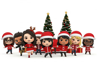 Fototapeta premium 3D cartoon group of eight diverse friends in Santa hats and reindeer antlers celebrating by a red sofa and two decorated Christmas trees; festive holiday scene on white background.