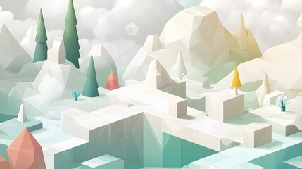 A low-poly landscape with snow, trees, and low-poly mountains and clouds.