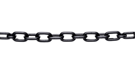 Metal chain link steel strong industrial isolated horizontal heavy strength strong metal chain with interlocking steel links, isolated transparent background, symbolizing strength, durability