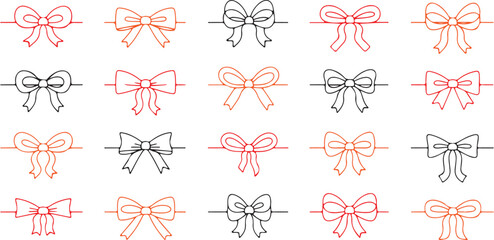 Fototapeta premium Line gift ribbon border. Red bow gift ribbons minimal line set. Vector bow and ribbon set. Red white striped String with knots and loops.