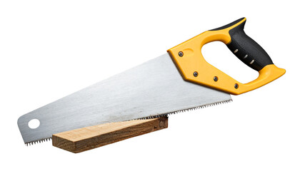 Hand saw isolated on transparent background, high-quality PNG with sharp teeth and wooden handle, perfect for carpentry, woodworking designs, tools, and DIY visuals.