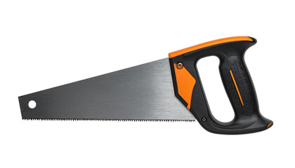 Hand saw isolated on transparent background, high-quality PNG with sharp teeth and wooden handle, perfect for carpentry, woodworking designs, tools, and DIY visuals.