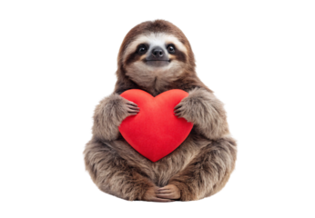 Smiling sloth holding red heart with both arms lovingly, isolated on a transparent background