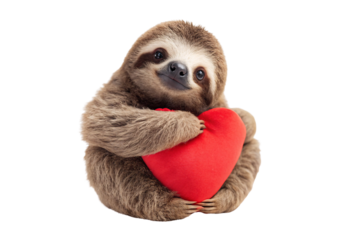 Happy sloth tilting head while hugging red heart closely, isolated on a transparent background