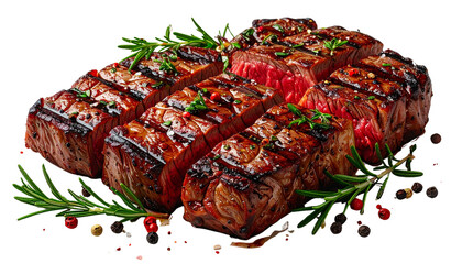 Juicy grilled steak isolated on transparent background, high-quality PNG with charred texture and rich color, perfect for food menus, restaurant designs, and culinary visuals