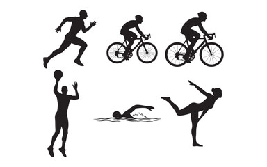 Set of Athlete Silhouettes: Running, Cycling, Basketball, Swimming, and Gymnastics Vector Icons