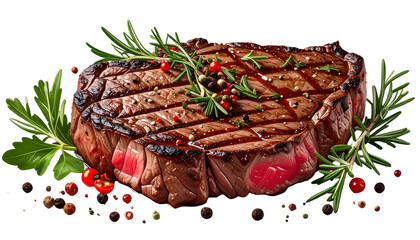 Juicy grilled steak isolated on transparent background, high-quality PNG with charred texture and rich color, perfect for food menus, restaurant designs, and culinary visuals.