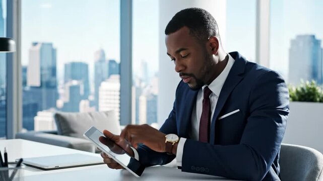 Black businessman in suit using tablet in modern highrise office with city view