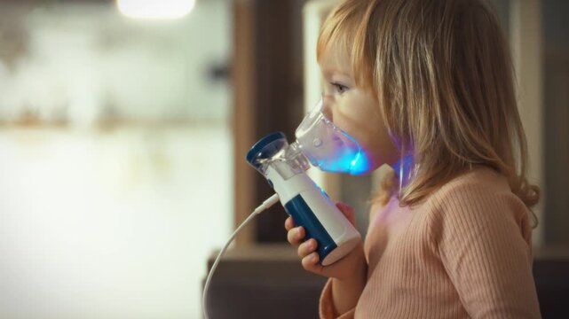 Young patient grips nebulizer beside her crib, receiving targeted inhalation treatment for respiratory tract issues, including bronchitis pneumonia, to loosen sputum and ease breathing difficulties