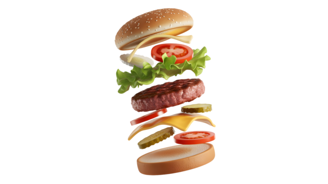 Delicious hamburger ingredients floating in air, bun, patty, cheese, lettuce, tomato, pickles isolated on white transparent background - Powered by Adobe