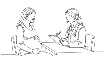 High-quality black continuous line art of pregnant woman at doctor’s appointment consulting healthcare professional, maternity care, prenatal checkup, motherhood wellness illustration