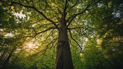 Obraz premium Tall, leafy tree trunk reaches skyward; sunlight through green canopy