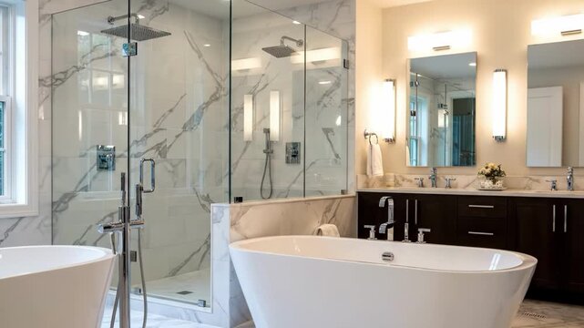 Modern luxury bathroom with freestanding tub and glass shower enclosure