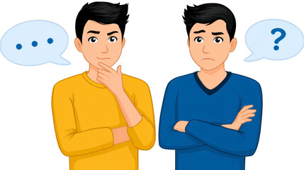 Fototapeta premium Two young men with dark hair, one in yellow shirt thinking with hand on chin, other in blue shirt looking confused with arms crossed, both with speech bubbles showing uncertainty