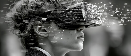 Young Boy Wearing Virtual Reality Headset in Technology Environment