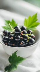 Blackcurrants In A White Bowl With Leaves, Freshness And Healthy Eating Concept, Generative AI