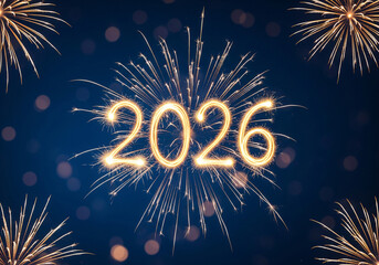 New Years fireworks with 2026 in golden sparks on dark blue background with bokeh lights for celebration