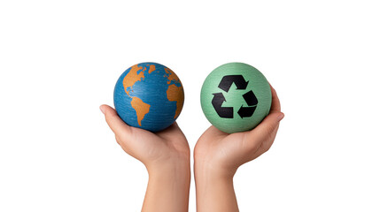 Two hands holding blue earth globe and green sphere with recycle symbol, representing environmental conservation, sustainability, and eco friendly practices