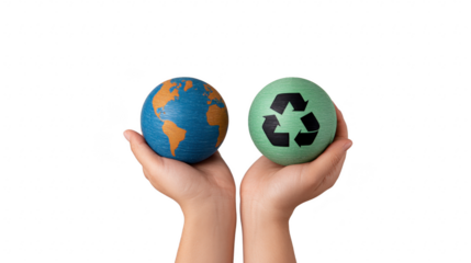 Two hands holding blue earth globe and green sphere with recycle symbol, representing environmental conservation, sustainability, and eco friendly practices