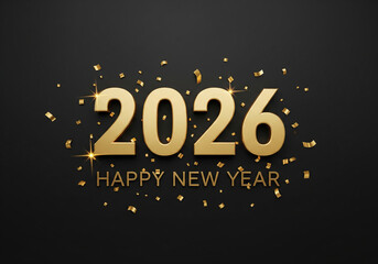 Happy New Year 2026 in golden typography with sparkling confetti in dark background for celebration